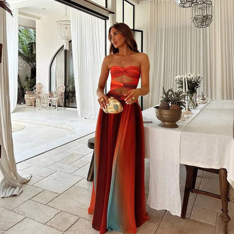 Multicolor strapless maxi dress featuring a bold color-block design, perfect for adding a pop of personality to your summer…