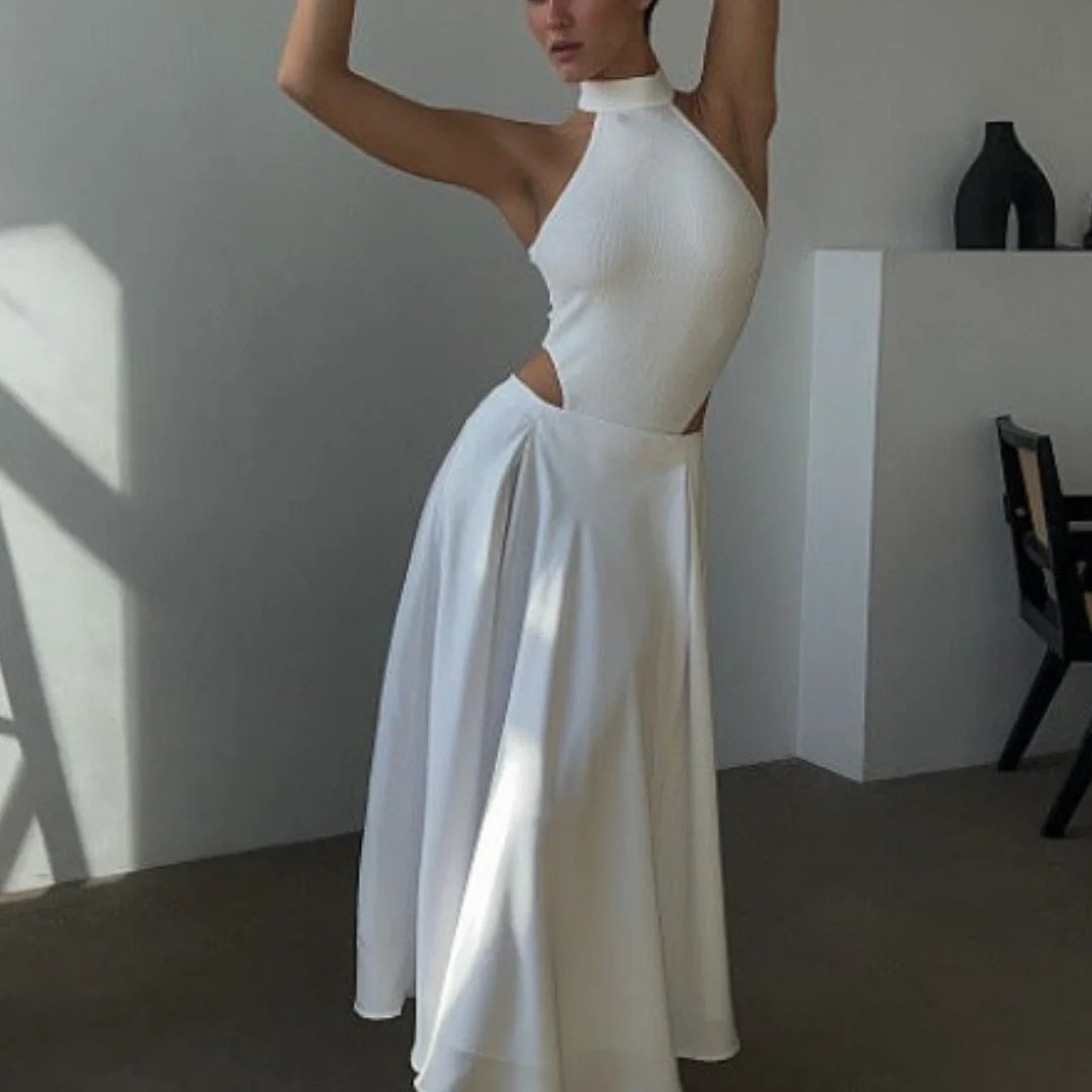 "White high-waist skirt for women with flowing design, made from lightweight and breathable material."