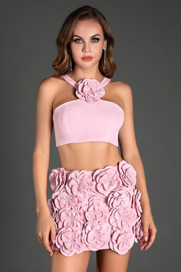 Pink halter top and shorts set featuring delicate floral applique detailing, perfect for summer days and casual outings.