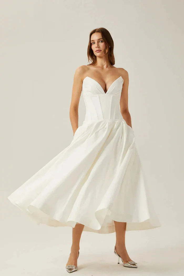 Strapless A-line midi dress by Kirra with corset detailing, perfect for a stylish and sophisticated look.