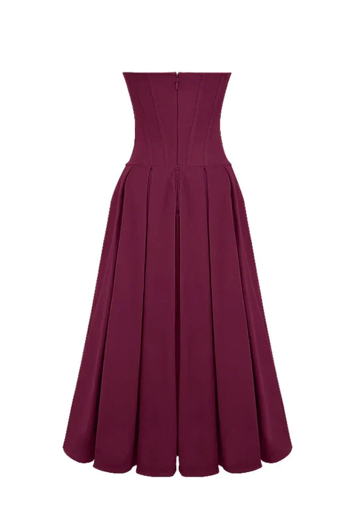Strapless corseted A-line midi dress by Kirra in black velvet with lace-up details on bodice, perfect for formal occasions.