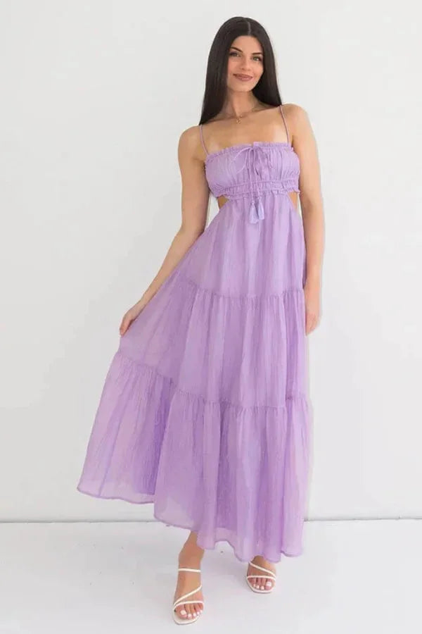 "Klara women's maxi dress in Purple, featuring tiered design with a flowy silhouette in a soft, breathable fabric."