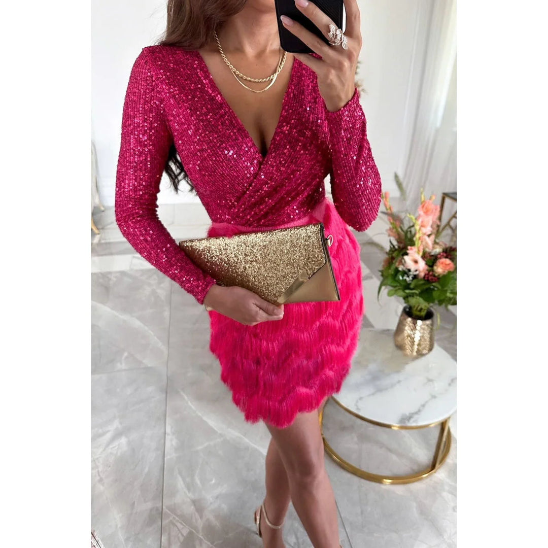 Red sequin top feather skirt dress, a glamorous choice for special occasions. Shimmering sequins and delicate feather…
