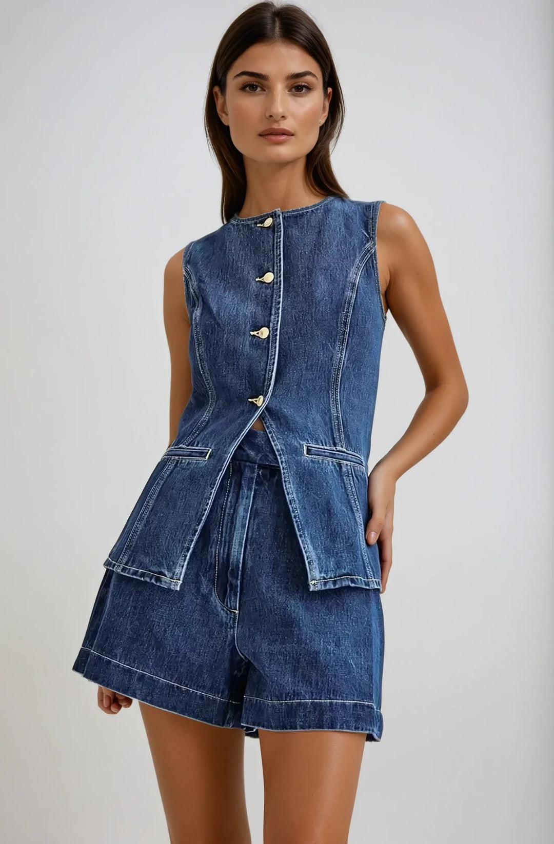 Sleeveless denim romper with buttoned front, featuring a relaxed fit and side pockets by Kristina - perfect for casual…