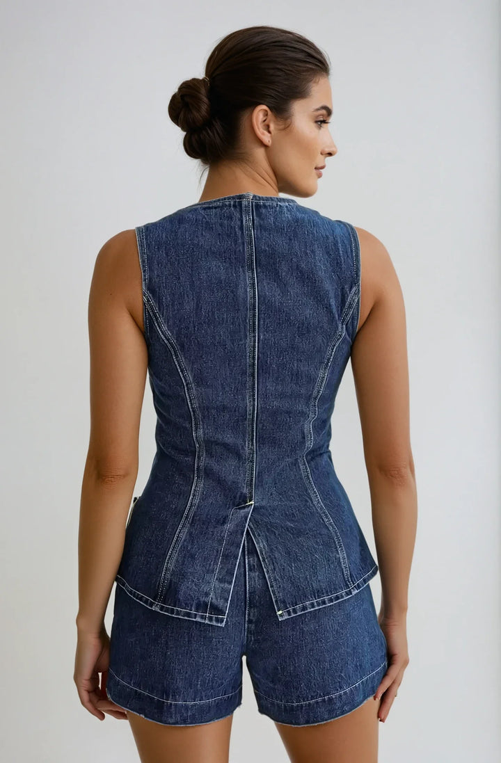 Sleeveless denim romper with buttoned front, casual and stylish design perfect for warm weather outings.
