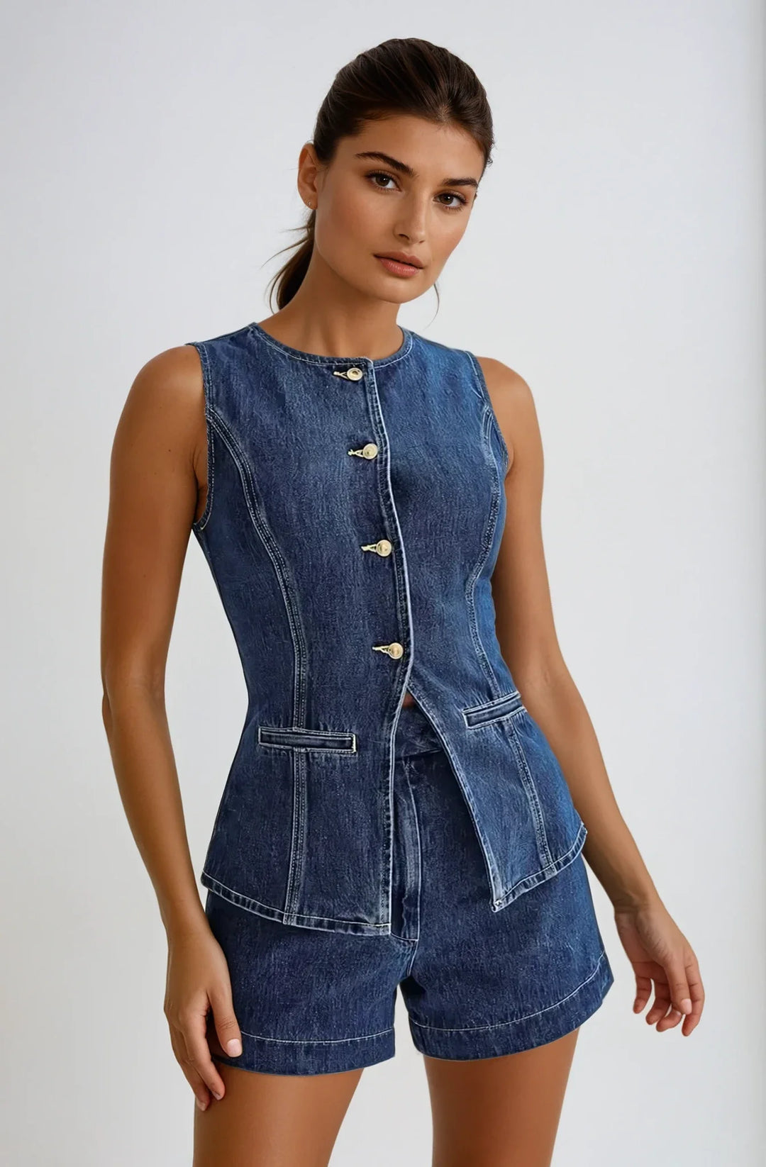 "Sleeveless denim romper with buttoned front, perfect for summer days, featuring a chic and comfortable design."