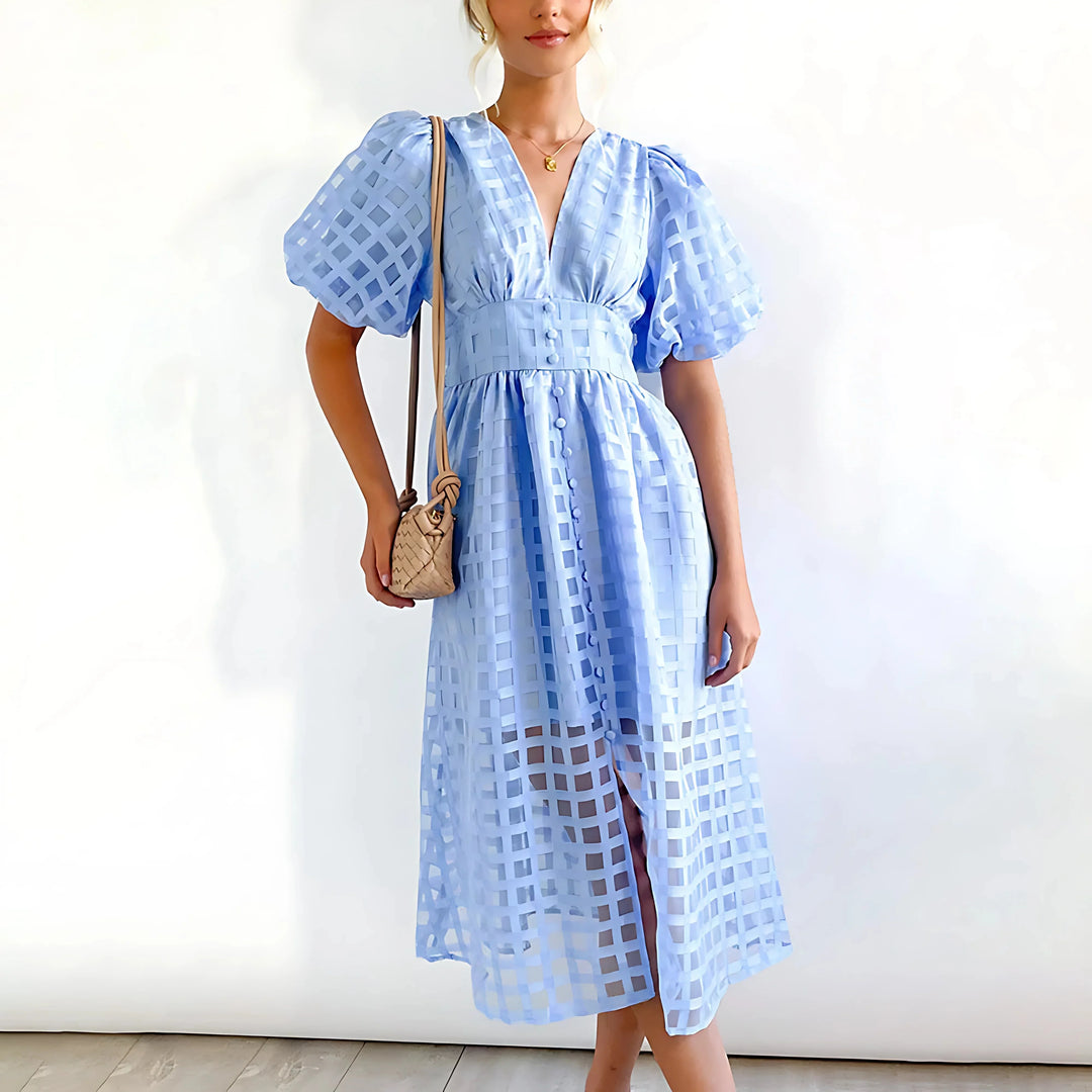 Light Blue women's textured V-neck midi dress with a subtle diamond pattern, perfect for casual outings or gatherings.