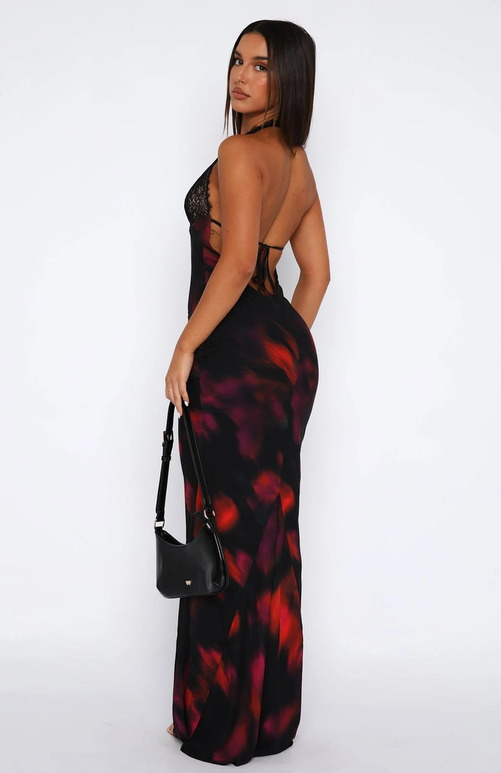 Halter neck lace dress in soft fabric, perfect for special occasions.
