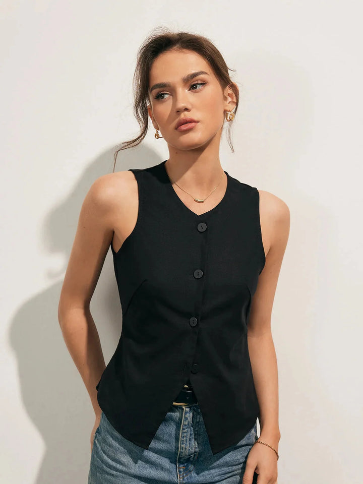 Sleeveless collared shirt in sleek design with front buttons, made of soft and comfortable fabric by Lakelynn.