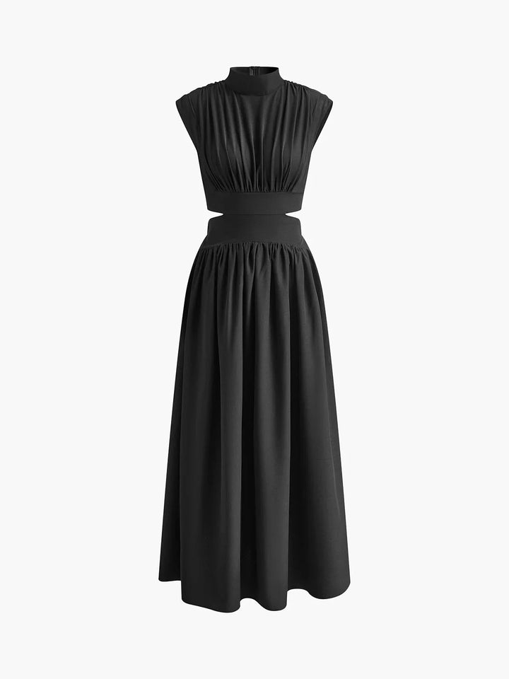 Black sleeveless mock neck dress with cutouts. Features a slim fit and modern design. Made of high-quality stretch fabric.