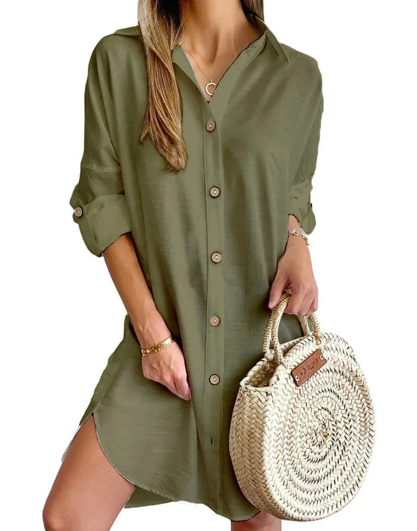 "Army green mini dress with stylish button details, made from soft and comfortable fabric, perfect for a chic and casual…
