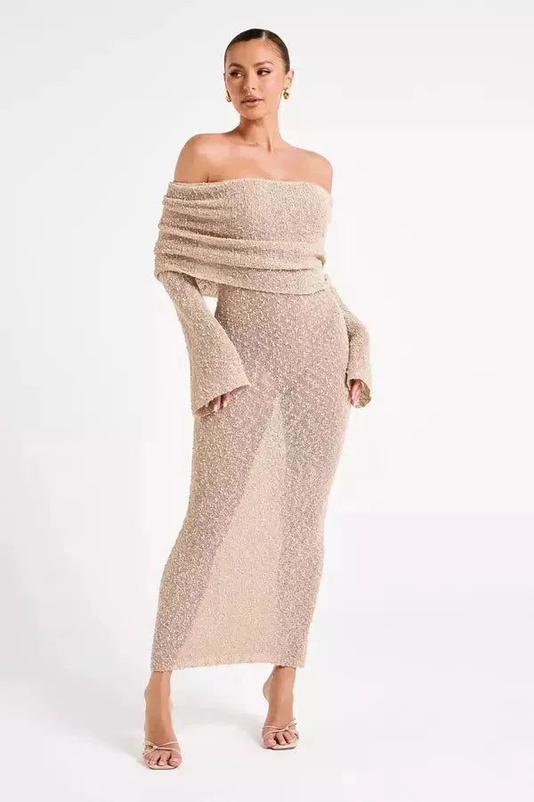 Off-shoulder dress made of soft, flowing fabric with unique, elegant sleeves - Leandra dress.