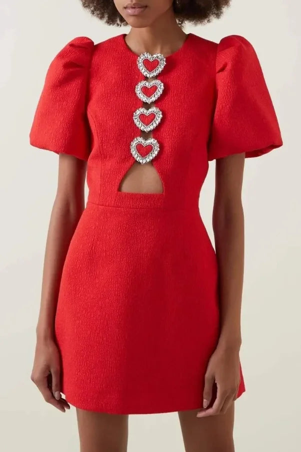 Red mini dress with heart cutouts, puffy sleeves. Made of soft cotton blend fabric. Perfect for a romantic date night or…