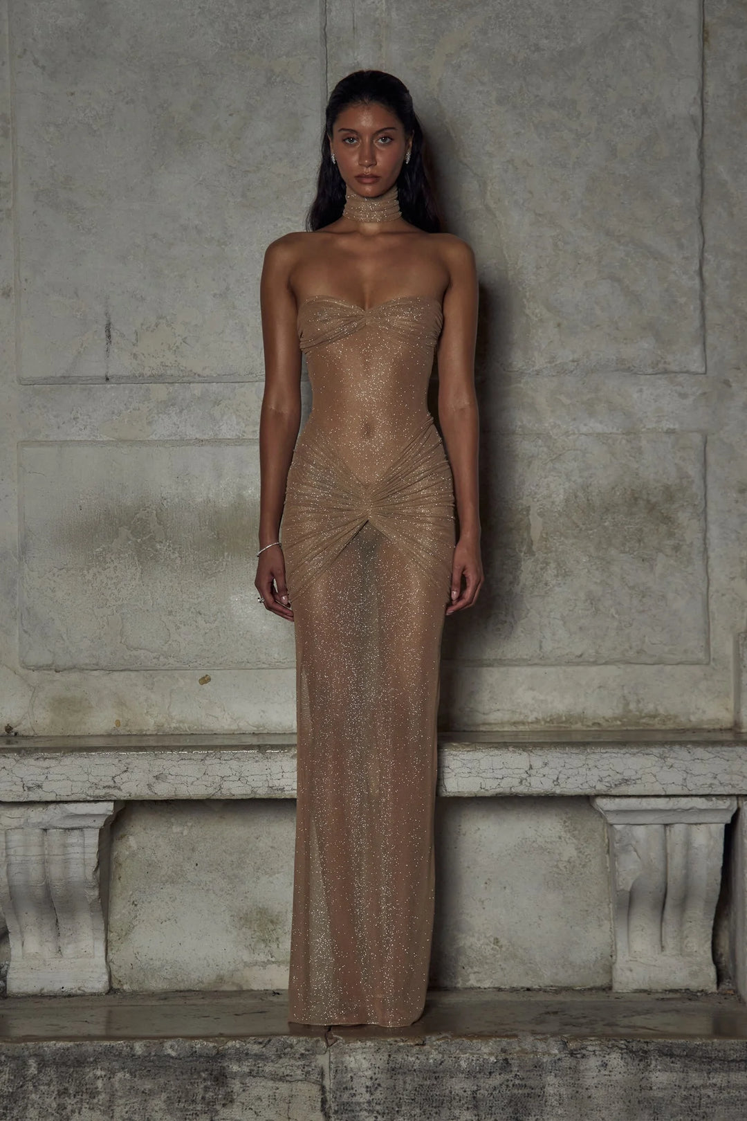 "Beige maxi dress with shimmer detailing and strapless design - ideal for a stylish and elegant look."