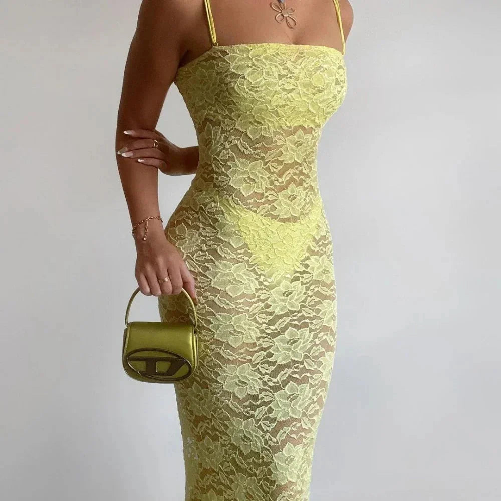 Navy blue lace maxi dress with a fitted silhouette, perfect for formal events and special occasions.