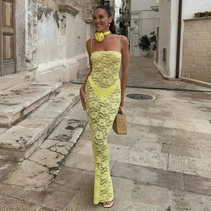 Yellow lace maxi dress with a sleek fitted design by Lenora.