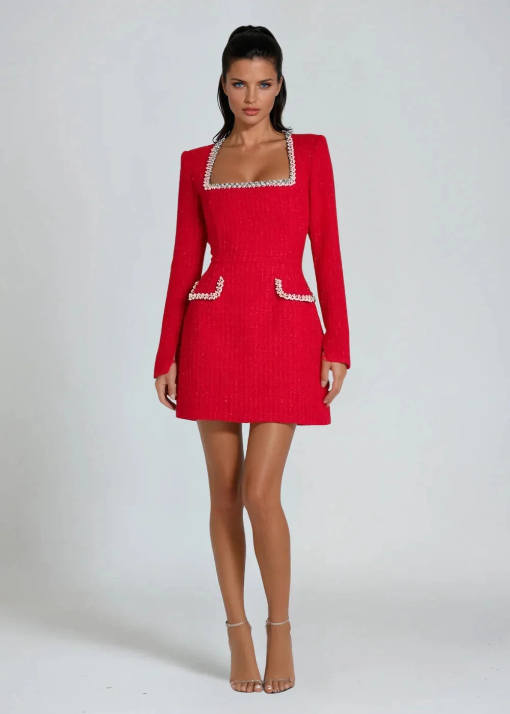 Red square neckline mini dress with beaded details, perfect for a chic look.