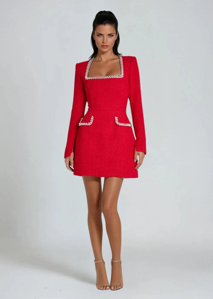 Red square neckline mini dress with beaded details, perfect for a chic look.