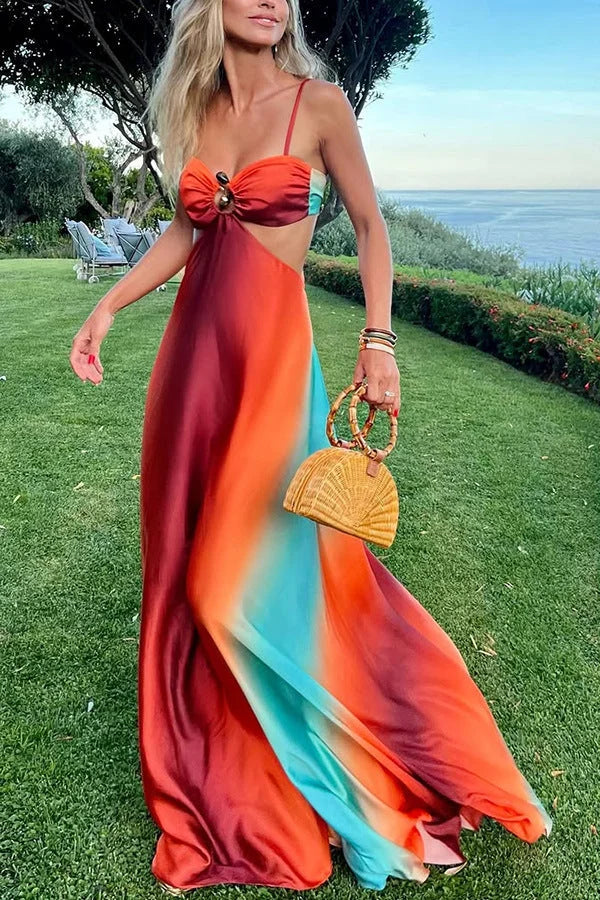 Red turquoise ombre maxi dress with cutout, featuring a flowing design perfect for summer. Made of lightweight and…