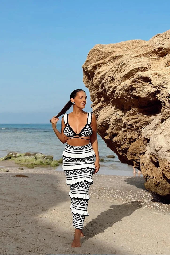 Black and white geometric two-piece skirt set with a contemporary design and high-quality material by Linley brand.