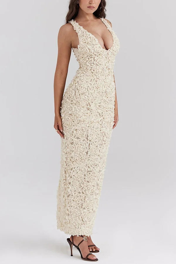 White floral backless maxi dress for women, made of light, breathable fabric with delicate floral pattern. Perfect for a…