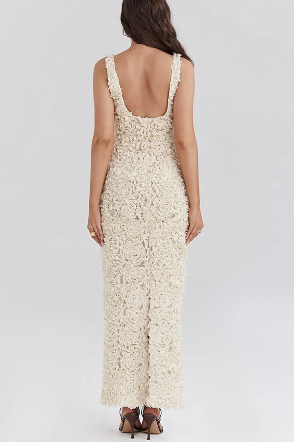 White floral backless maxi dress for women, showcasing a flowy design with intricate floral patterns. Perfect for sunny day…