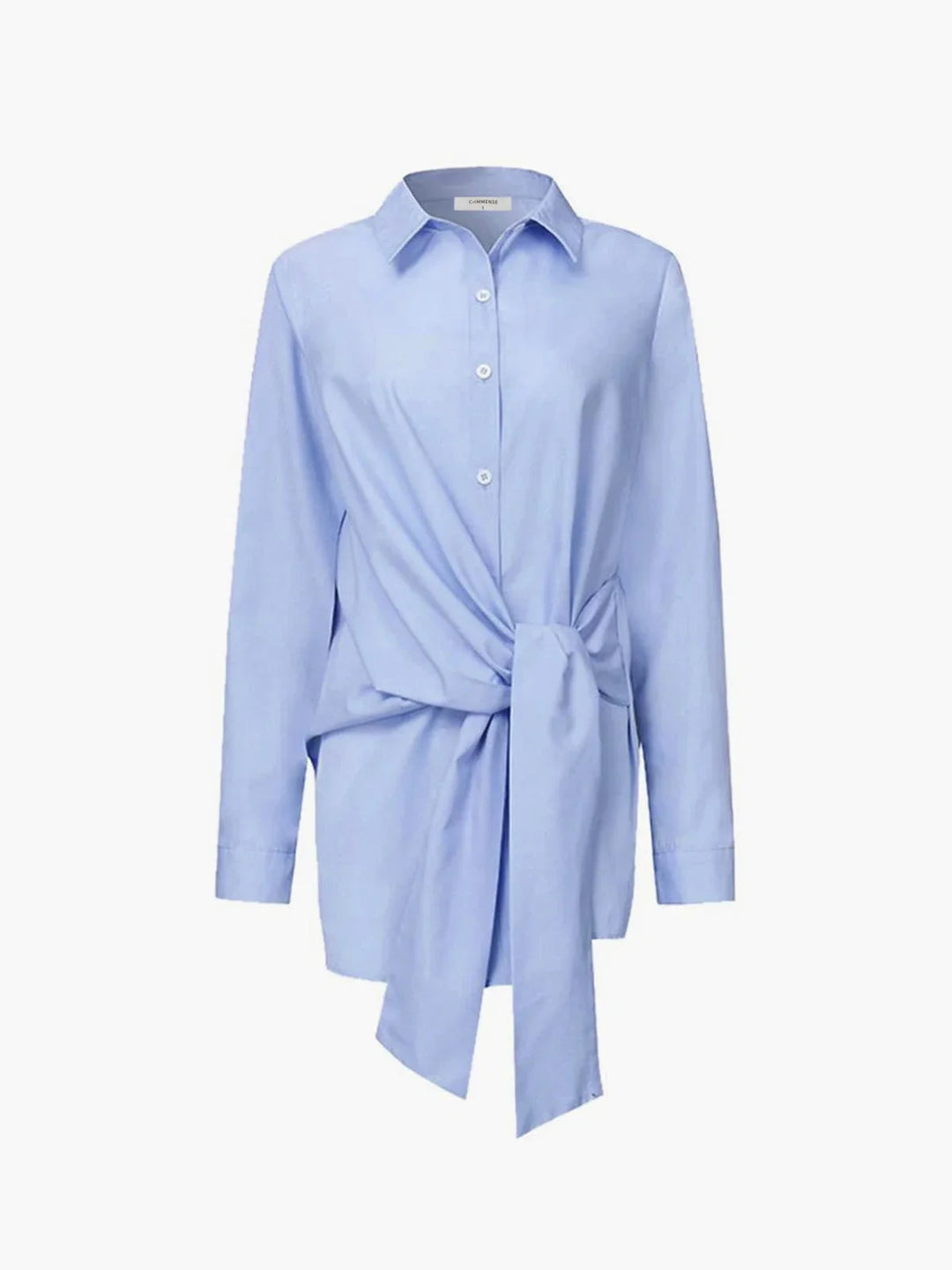 Blue adjustable front-tie blouse with buttoned cuffs. Made of a soft and flowy material, with a flattering fit for stylish…