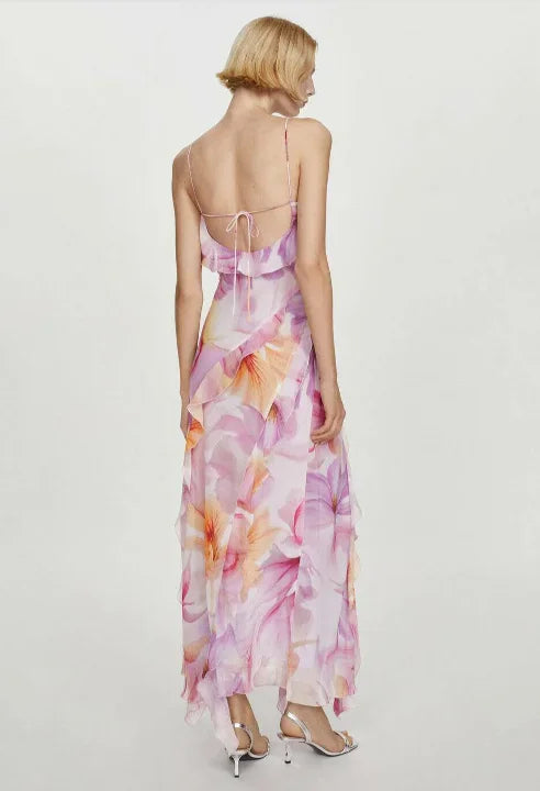 Floral asymmetrical dress with ruffles showcasing a feminine design and vibrant colors for a fashionable look.