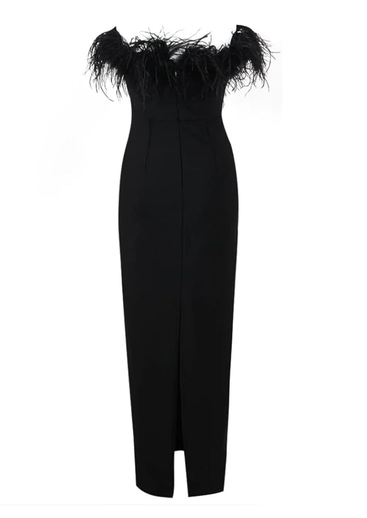 Black strapless dress with feather trim. Elegant and sophisticated design with a touch of glamour.