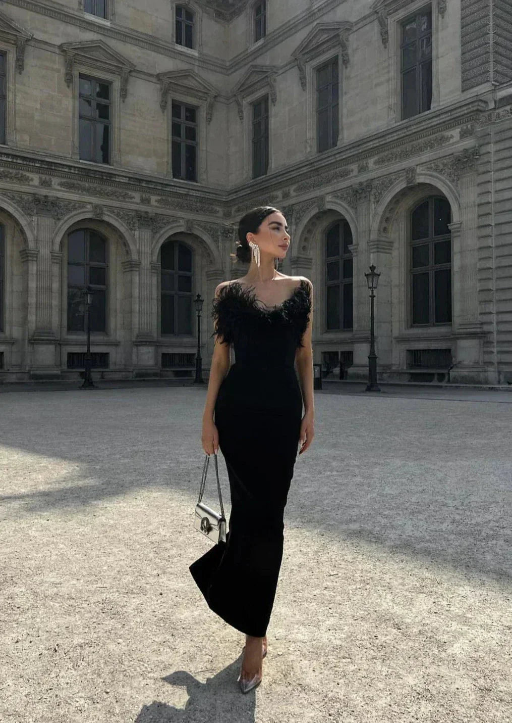 Black strapless dress with feather trim. Elegant and sophisticated design perfect for special occasions.