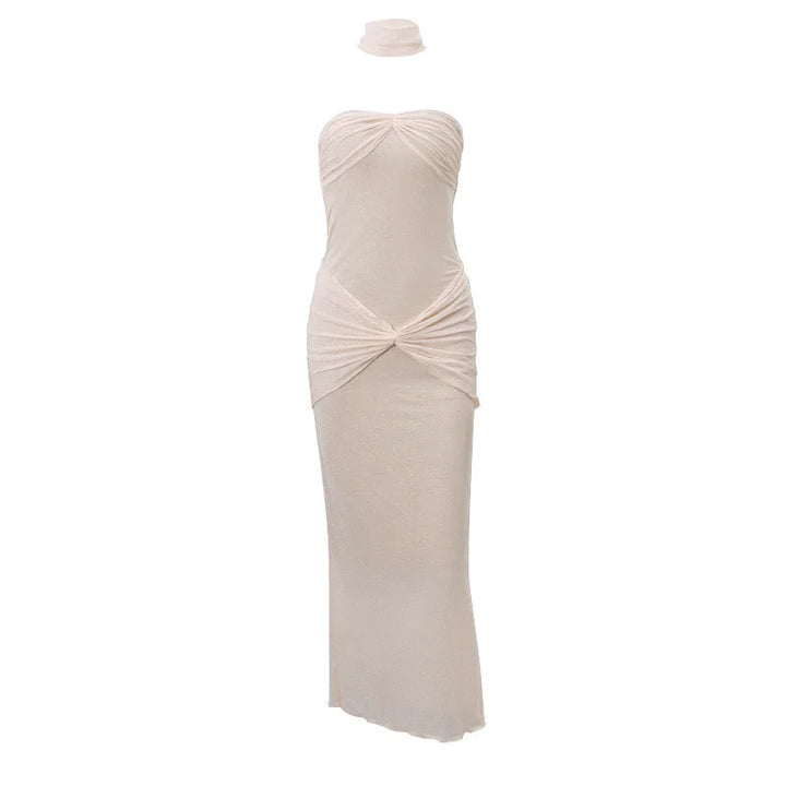 "Strapless maxi dress for women featuring shimmer detail, made of lightweight and comfortable fabric."