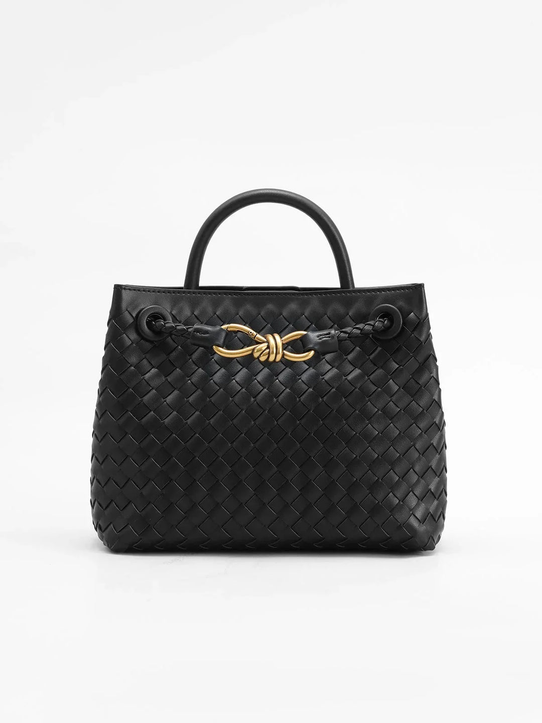 Black tote bag with intricate weave, metal details. Elegant and stylish design.