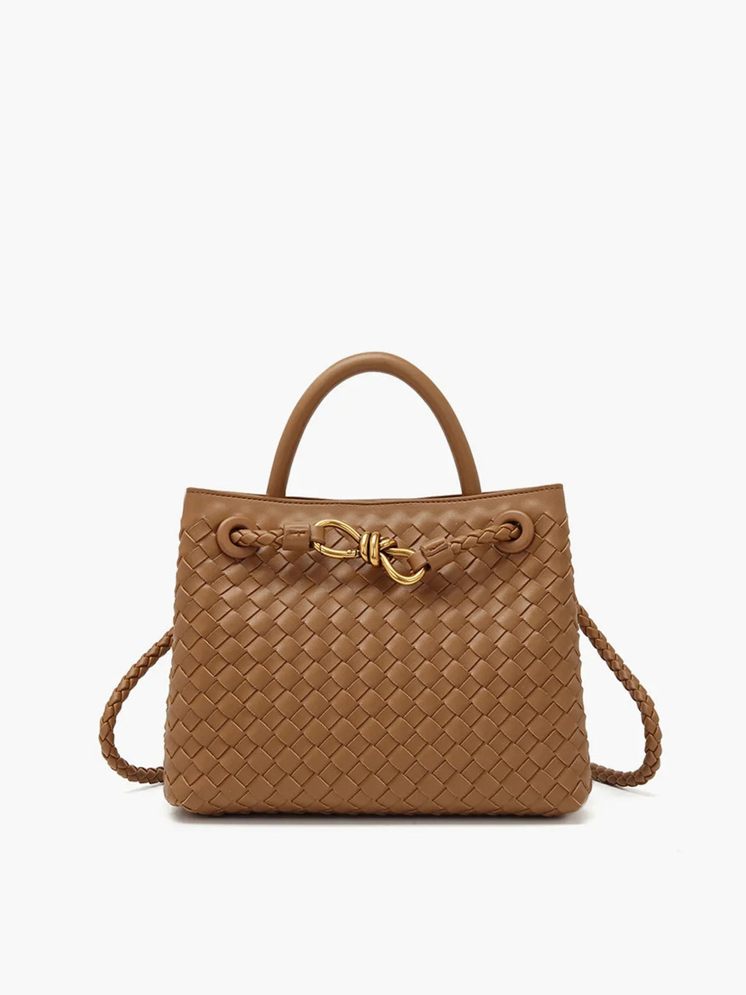Light Brown tote bag with intricate weave, metal details. Elegant design, durable material for a stylish look.