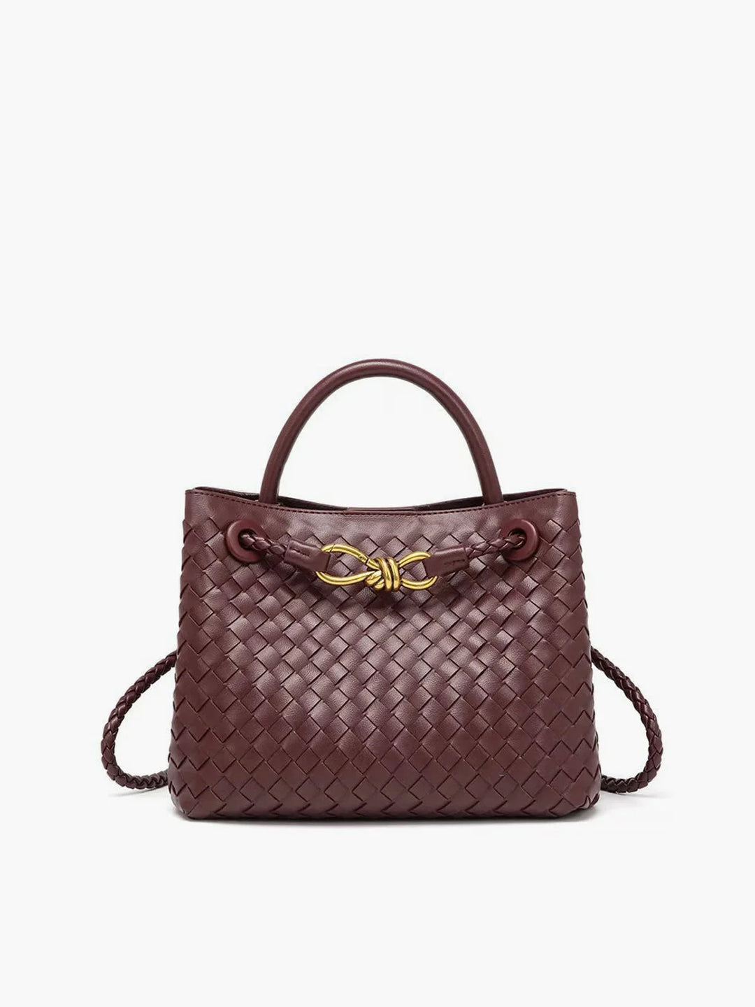 Maroon tote bag with detailed weaving and metal accents, perfect for adding a touch of elegance to any outfit.