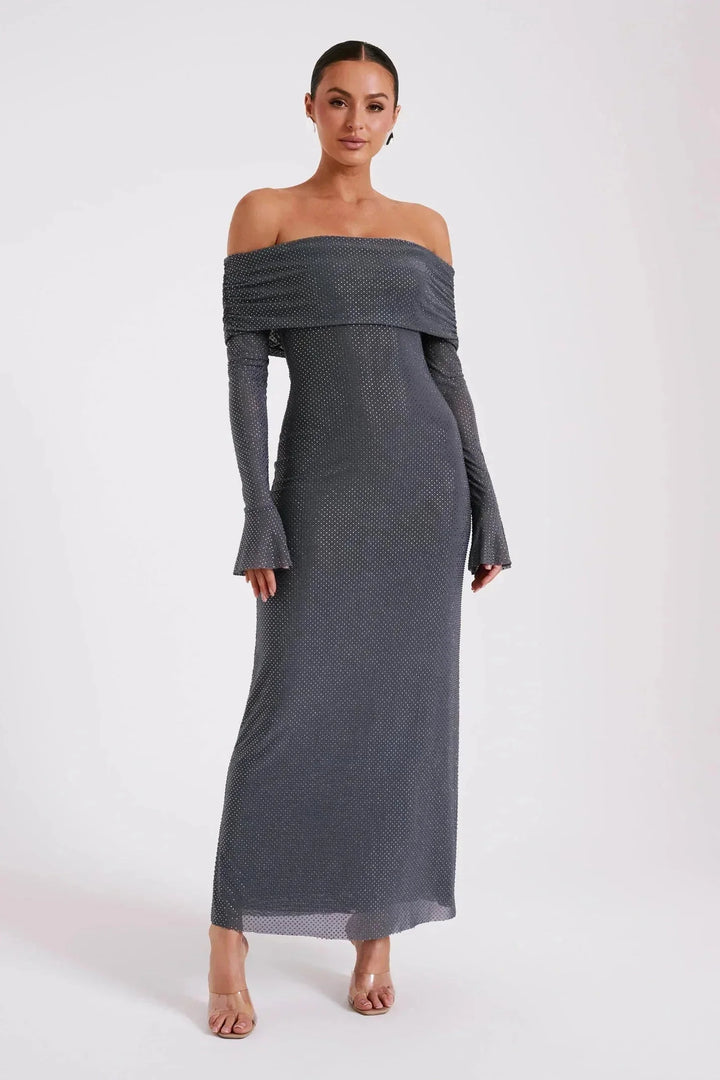 Off-shoulder long glitter dress featuring shimmering fabric with a figure-hugging silhouette perfect for formal events.