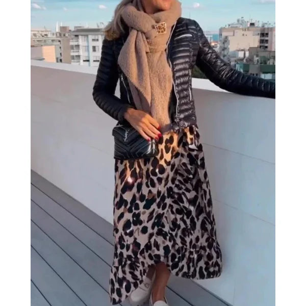 "Malanii long-sleeve wrap dress with leopard print design, made in soft and comfortable fabric."