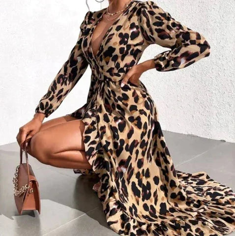Leopard print wrap dress in long sleeves with a flattering silhouette and an alluring design perfect for any occasion.