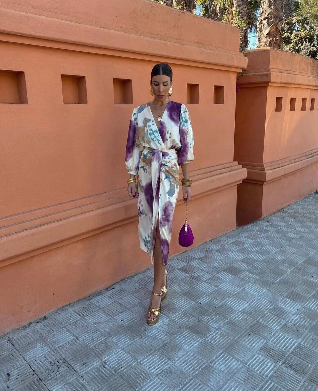 "Multicolored satin long dress with elegant design for a stylish look by Maleia"