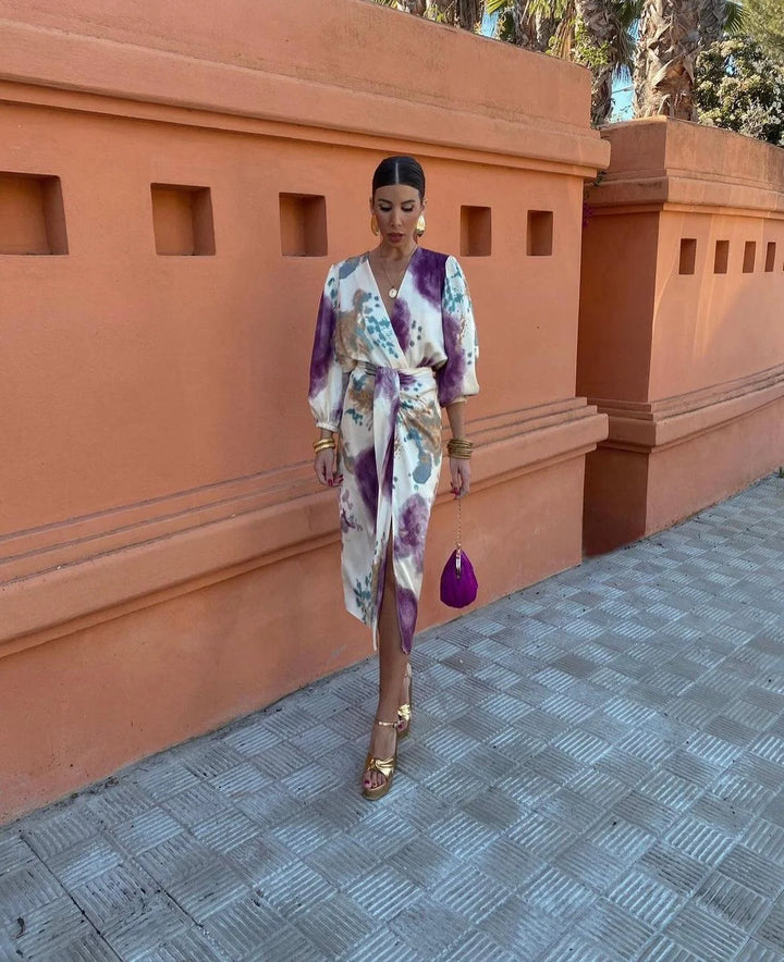 "Multicolored satin long dress with elegant design for a stylish look by Maleia"