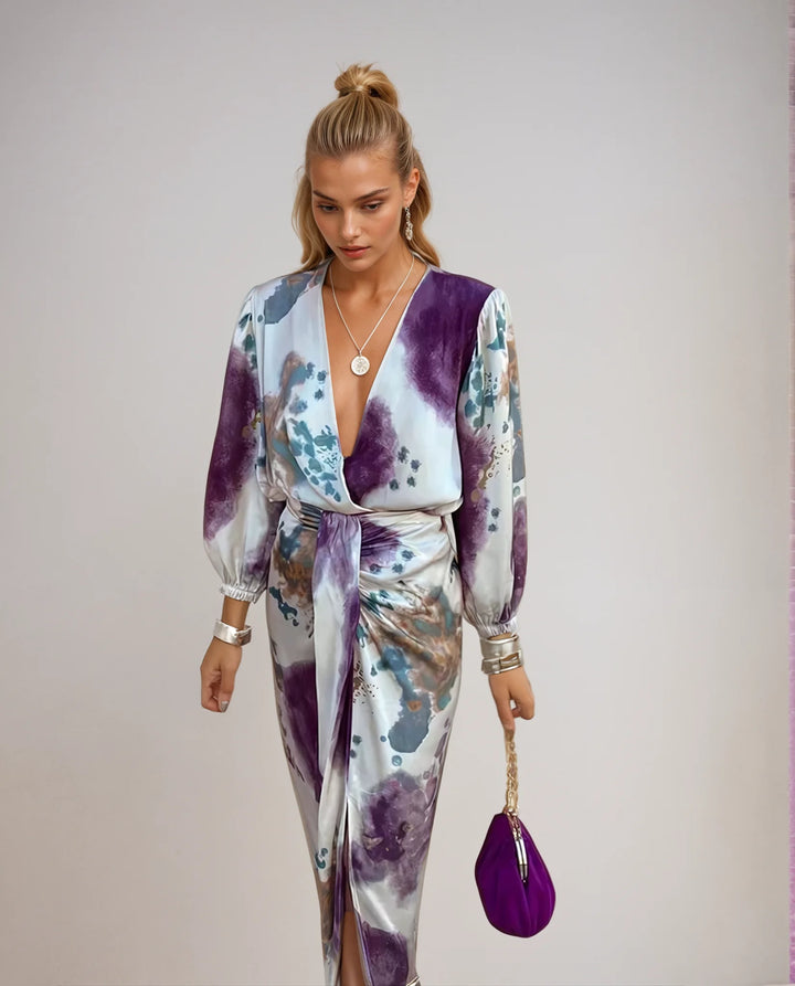 Long satin dress in multicolor featuring an elegant design suitable for various occasions.