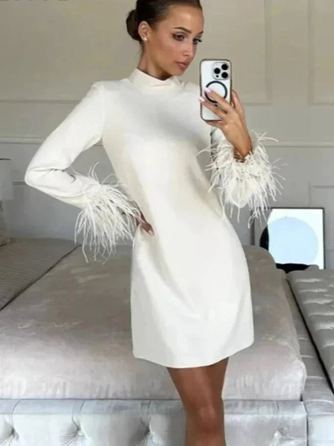 White mini dress with feather cuffs, showcasing an elegant design with delicate feathers on the cuffs.