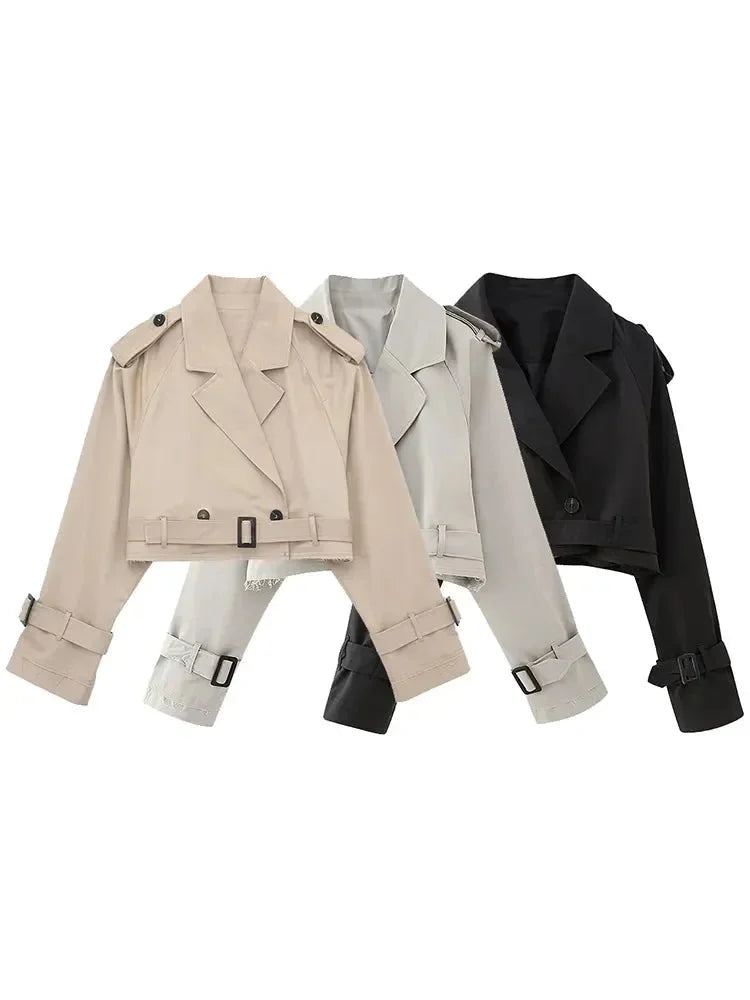 Manuela cropped trenchcoat in a stylish design with buckle detailing, perfect for contemporary looks.