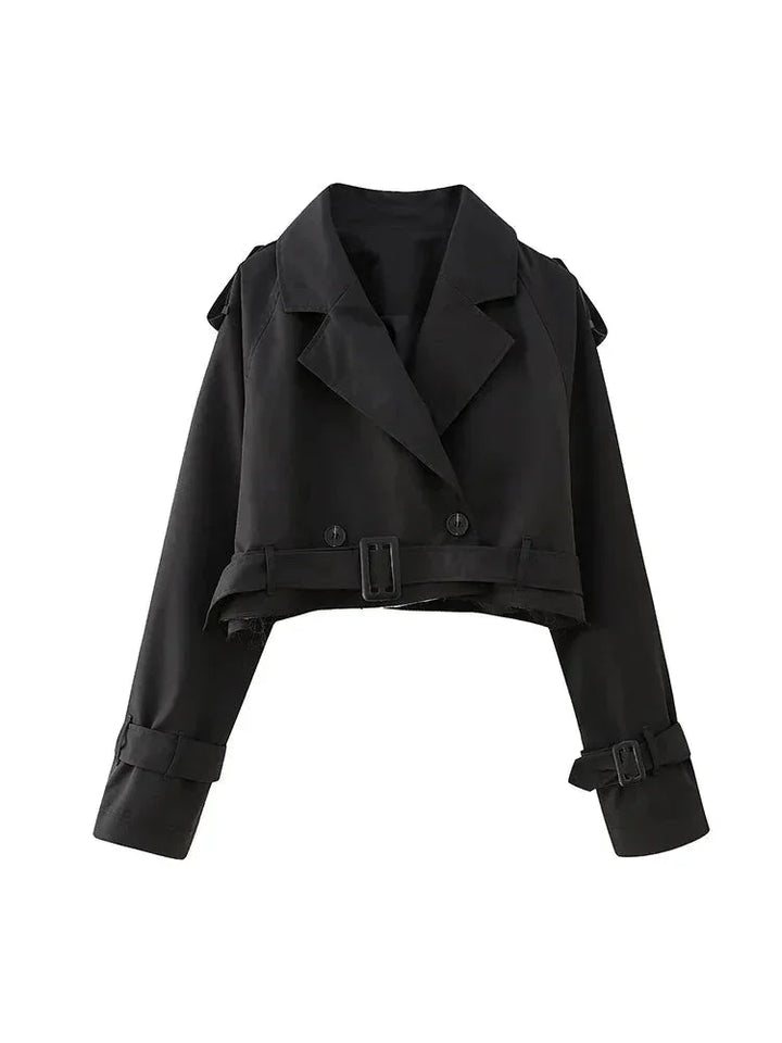 Black cropped trenchcoat with buckle detailing, sleek design, ideal for any occasion, made from high-quality materials.