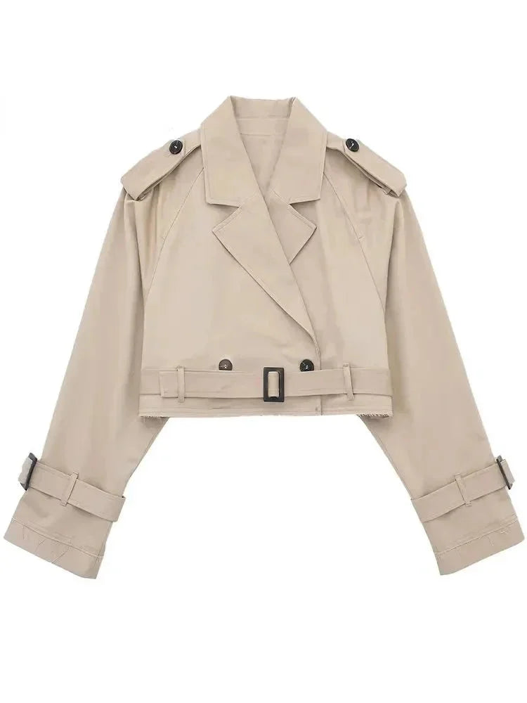 Khaki cropped trenchcoat with buckle detailing, trendy and practical outerwear in high-quality fabric.