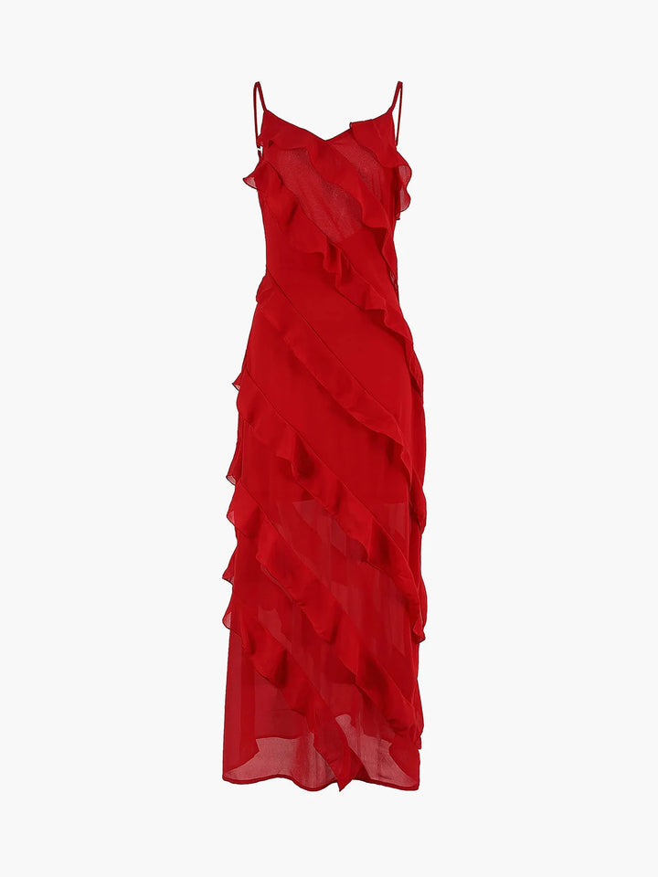 Asymmetrical strap ruffle maxi dress in a flowy fabric with a flattering silhouette for an elegant and stylish look.