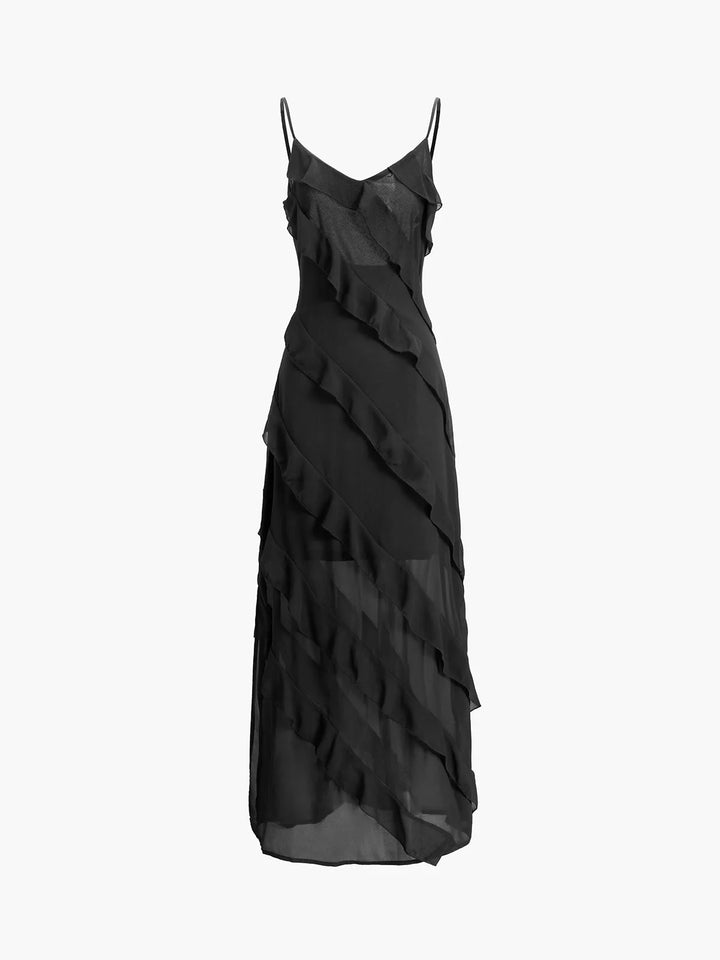 Asymmetrical strap ruffle maxi dress in Marbella style, with flowy design and elegant detailing such as ruffles and uneven…