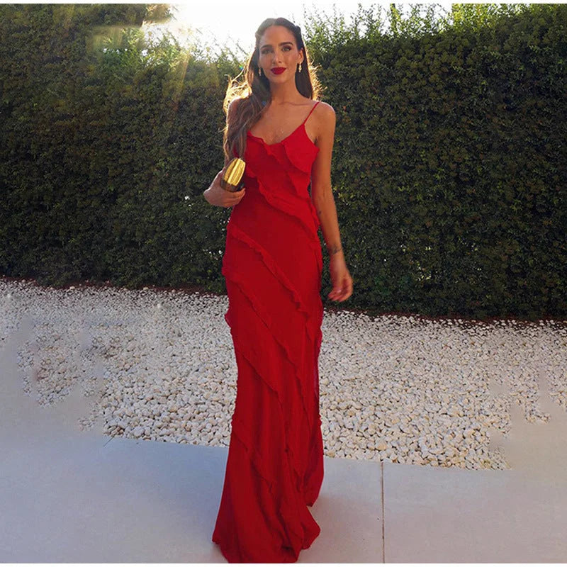 Red asymmetrical strap ruffle maxi dress, made of lightweight flowy fabric. Feminine and chic with a flattering silhouette.