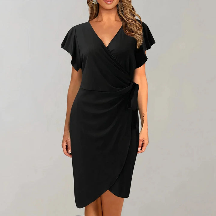 "Black V-neck wrap-style flutter sleeve dress in flowy fabric for a sophisticated look."