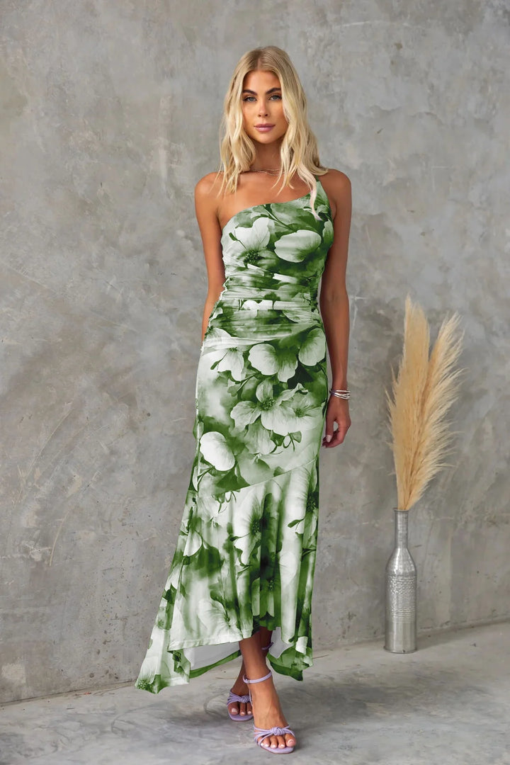 Strapless blue floral midi dress in Green made of soft cotton blend with a flattering empire waist silhouette.