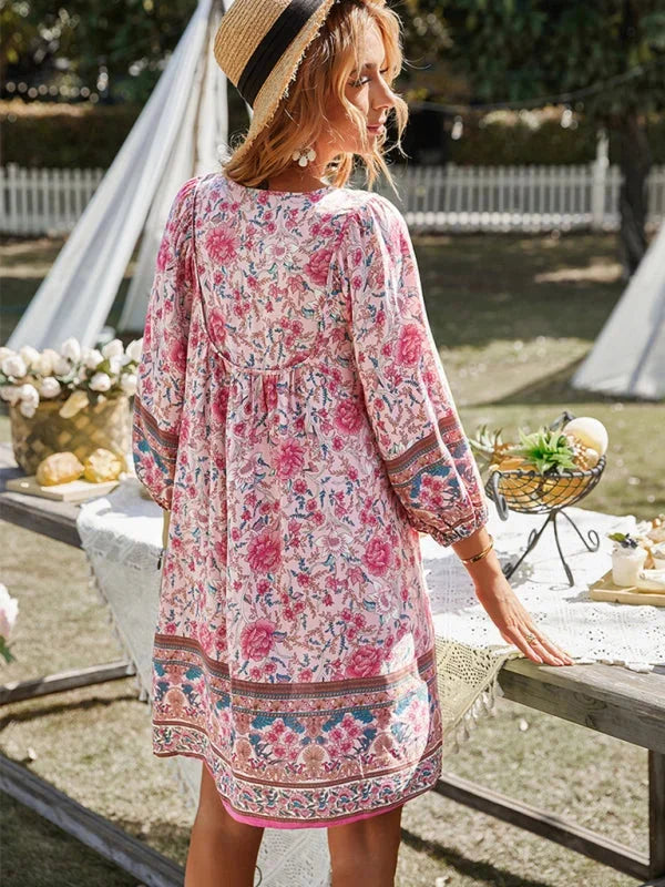 "Boho-inspired mini dress featuring delicate prints, perfect for a casual and chic look. Made from airy, lightweight fabric."
